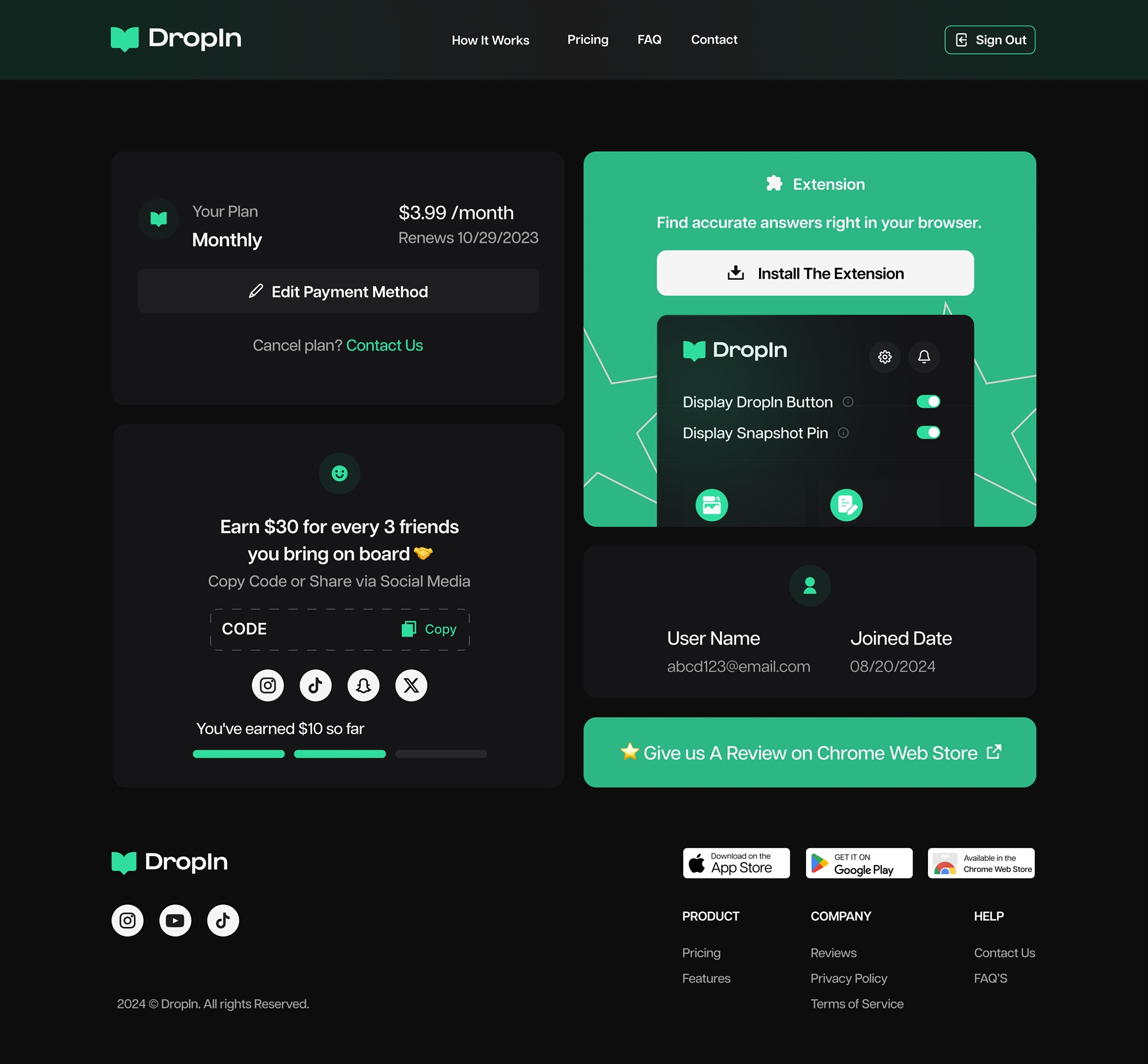 DropIn web dashboard — plan, referrals, and extension install