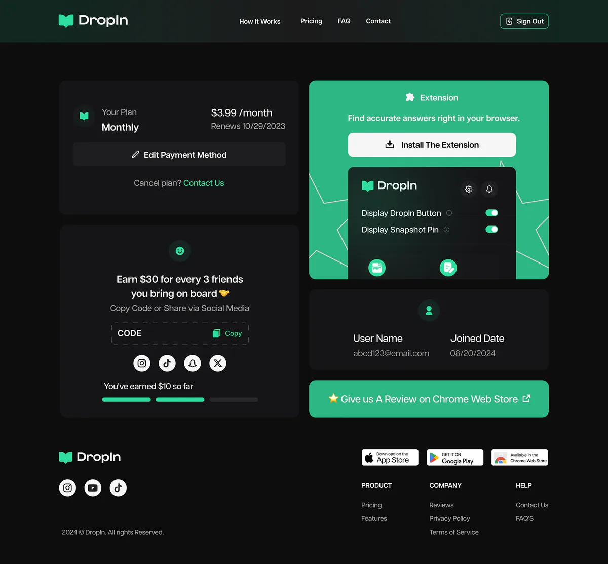 DropIn web dashboard — plan, referrals, and extension install
