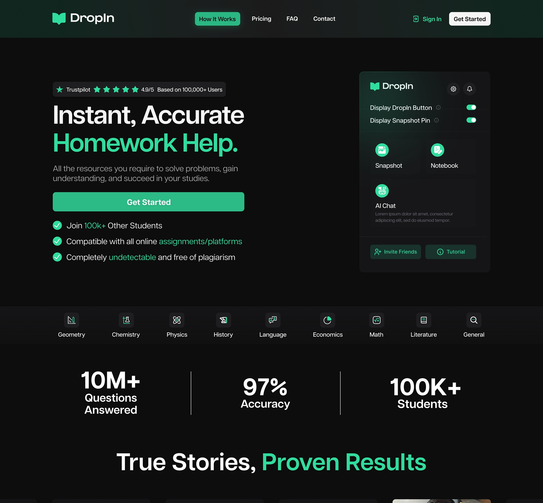 DropIn landing page — Instant, accurate homework help