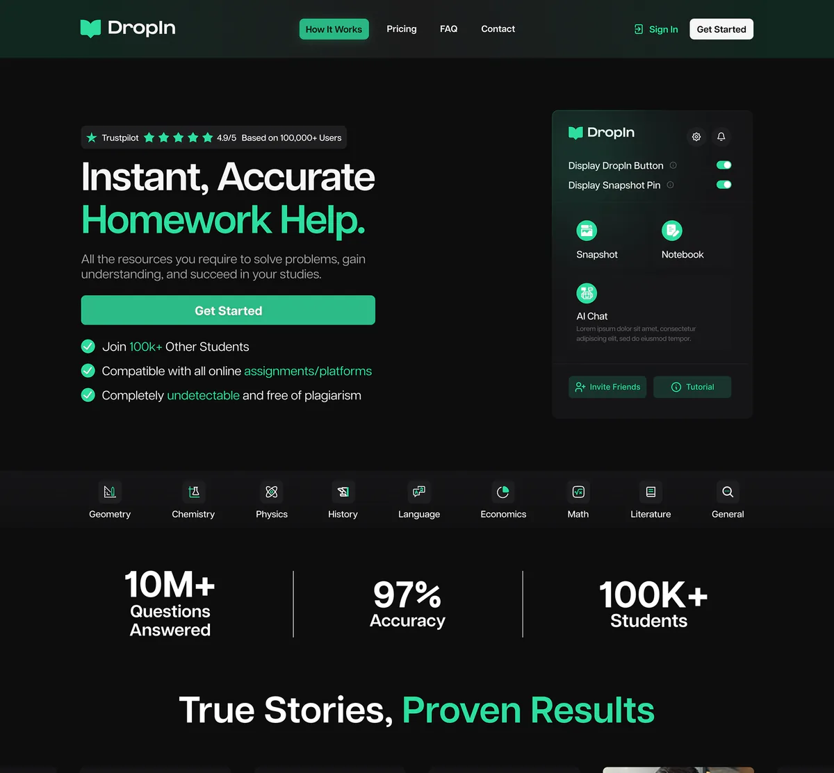 DropIn landing page — Instant, accurate homework help