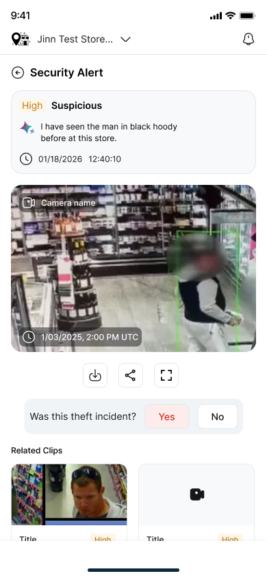 Jinnlabs security alert — AI-flagged suspicious activity with camera clip