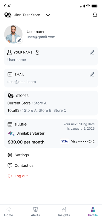 Jinnlabs profile — stores, billing plan, and account settings