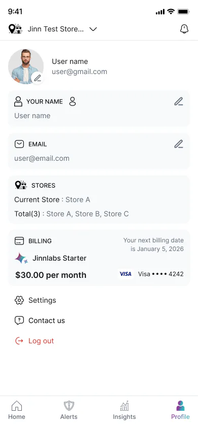 Jinnlabs profile — stores, billing plan, and account settings