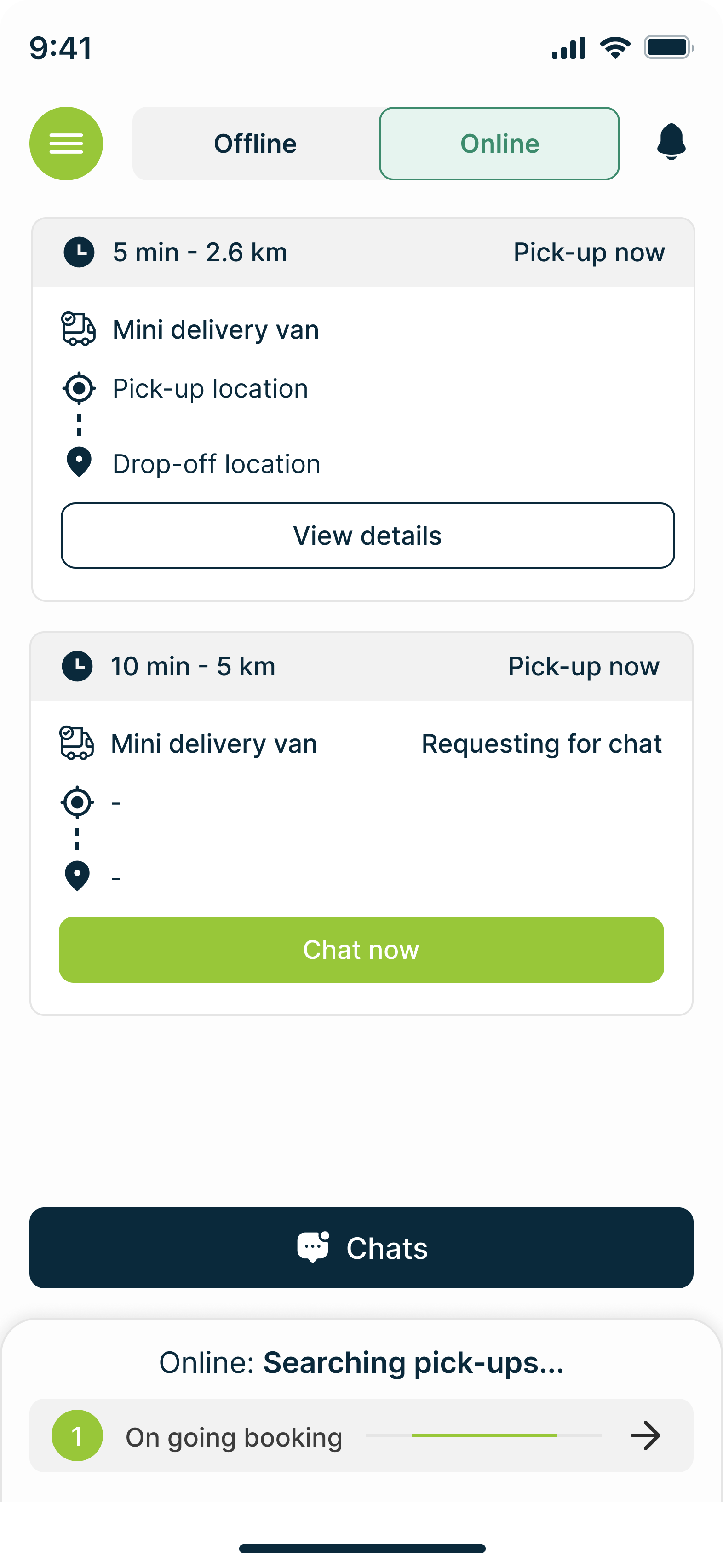 Qaddam Wasal driver mode — live pick-ups list with distance, ETA, and vehicle type