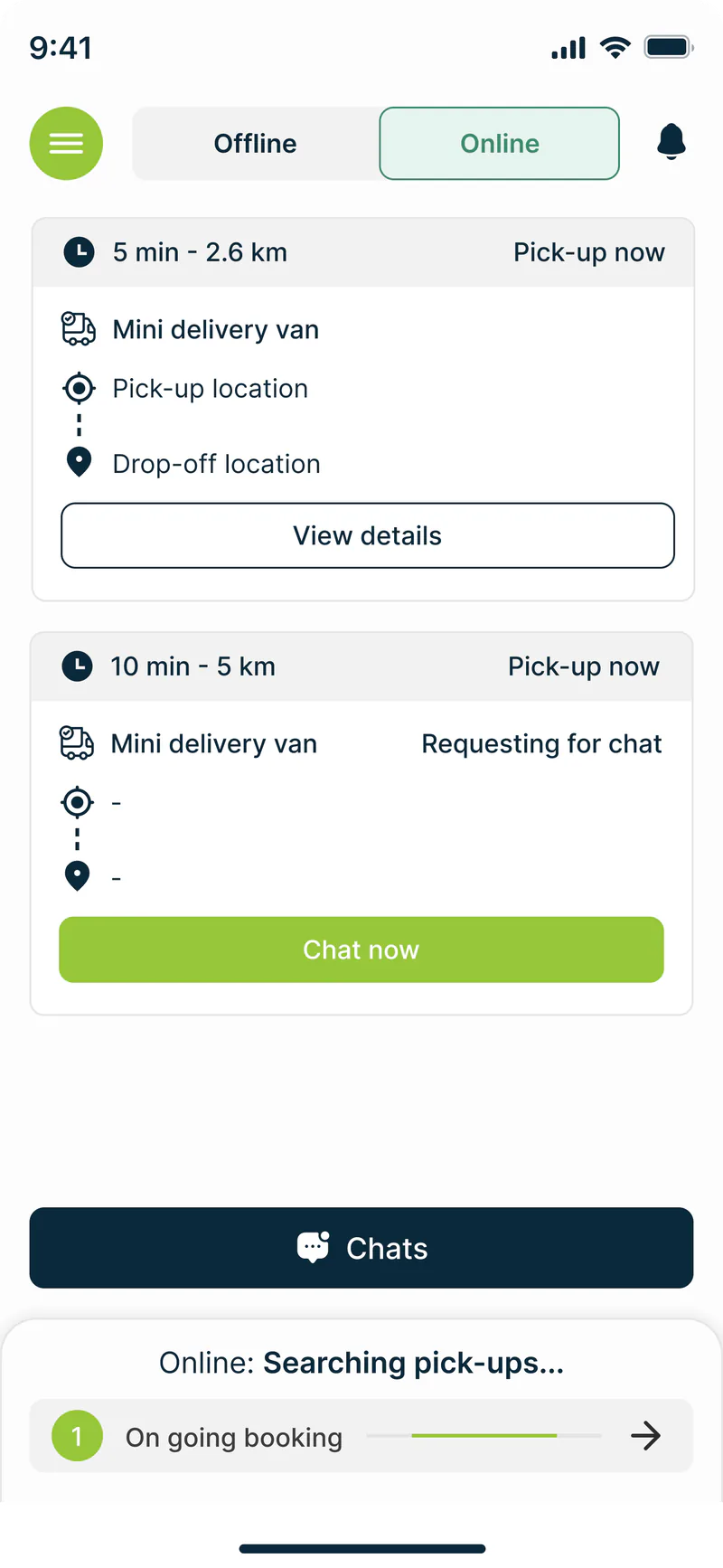 Qaddam Wasal driver mode — live pick-ups list with distance, ETA, and vehicle type