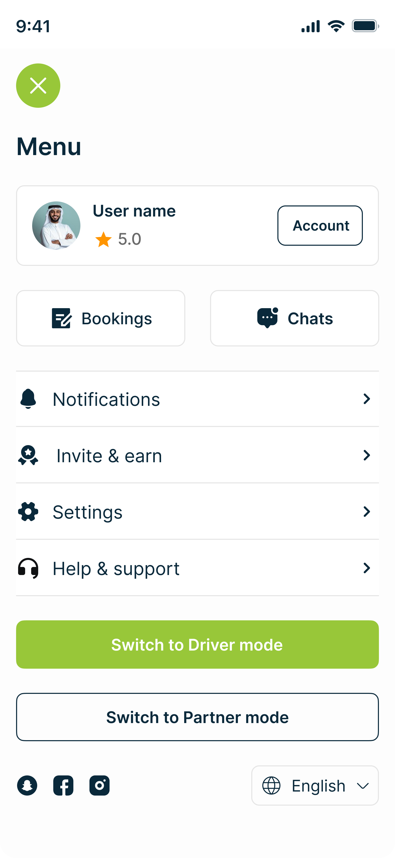 Qaddam Wasal menu — profile, bookings, chats, and mode switching