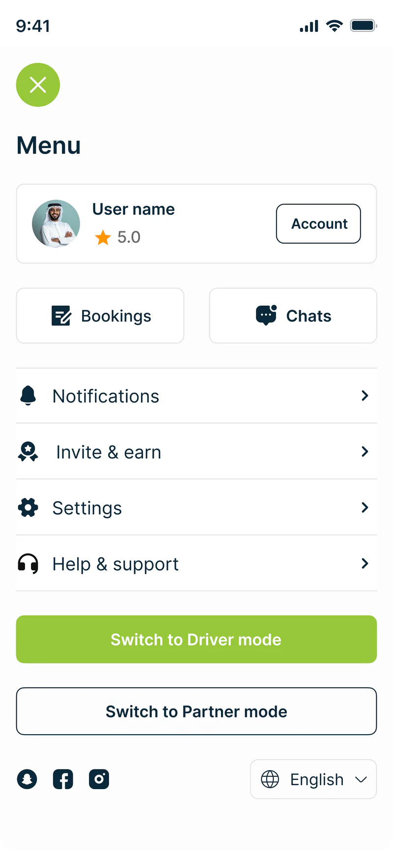 Qaddam Wasal menu — profile, bookings, chats, and mode switching